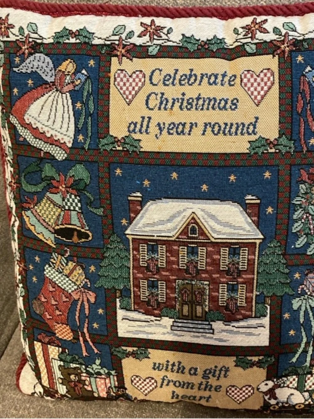 Vintage Tapestry Christmas Pillow - “Celebrate Christmas all year round…